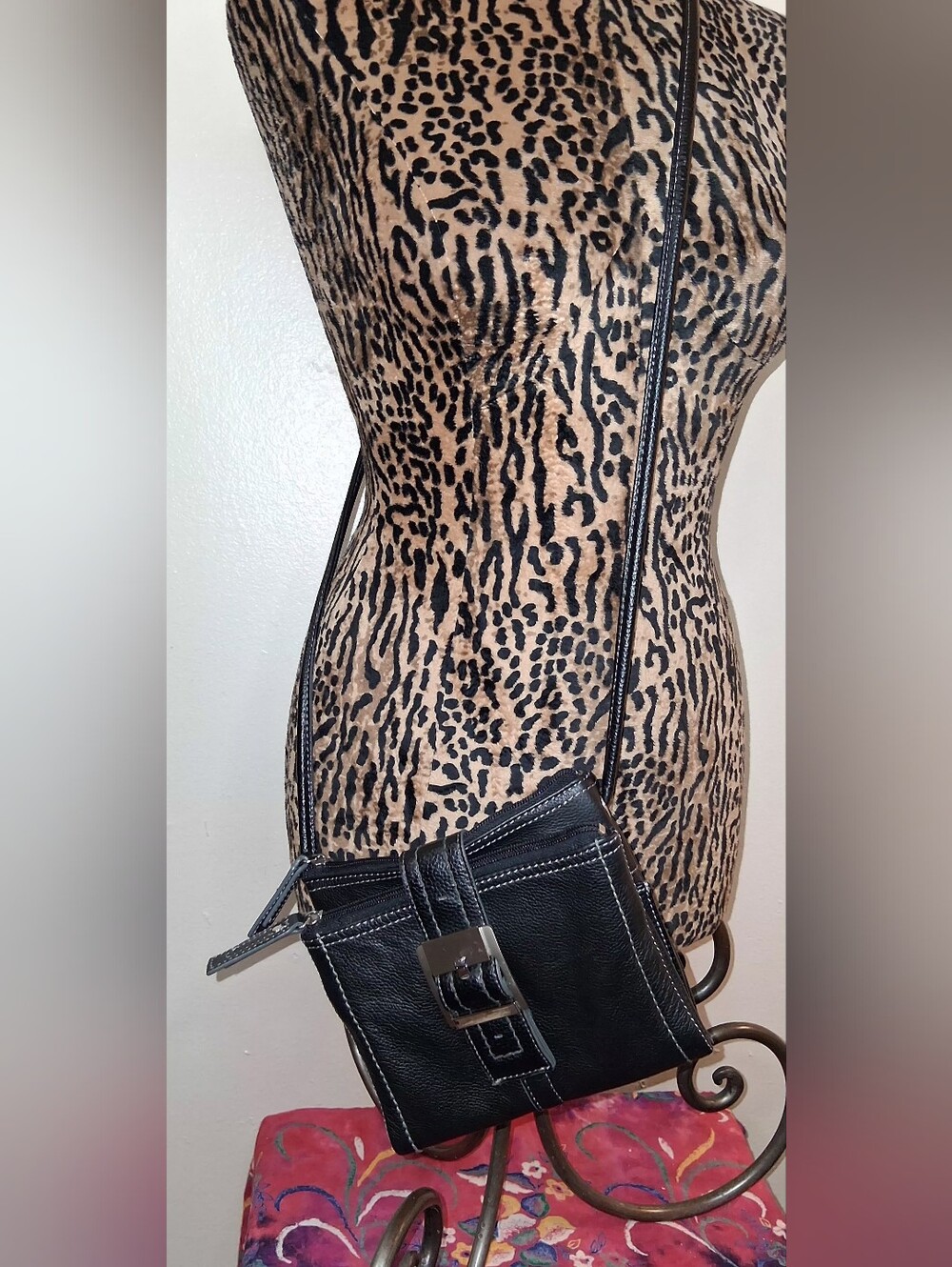 Black Leather Crossbody Bag with Buckle Detail - Women